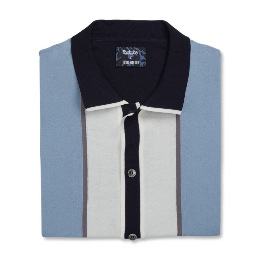 Footjoy CA White-Light Blue-Navy Sweater Knit Stripe Polo