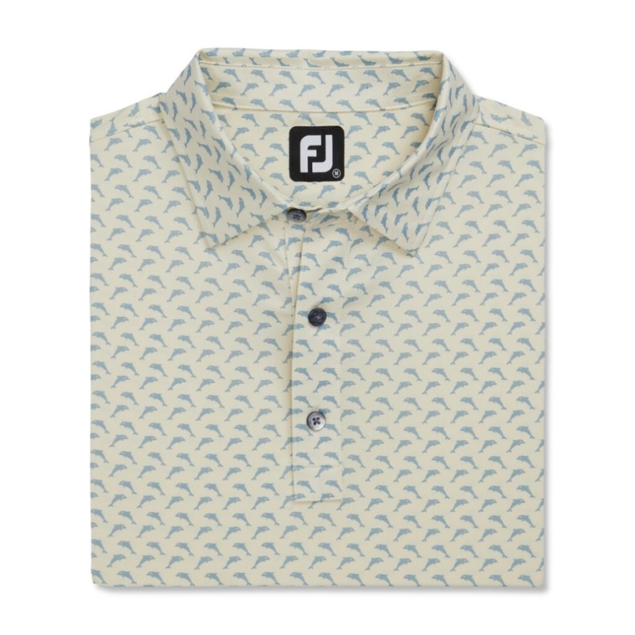 Footjoy CA Athletic Fit Lisle Leaping Dolphins Print Self Collar Lemonade-Dove Grey