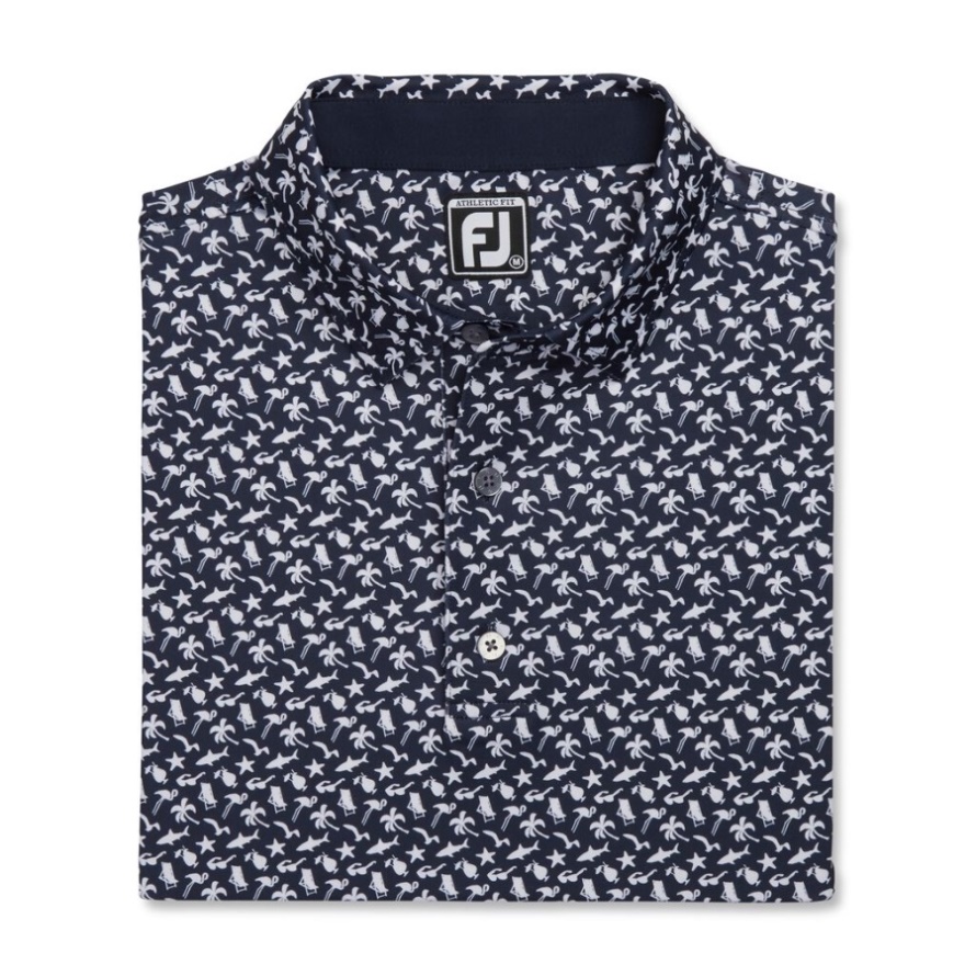Navy-White Athletic Fit Beach Print Lisle Self Collar Footjoy CA