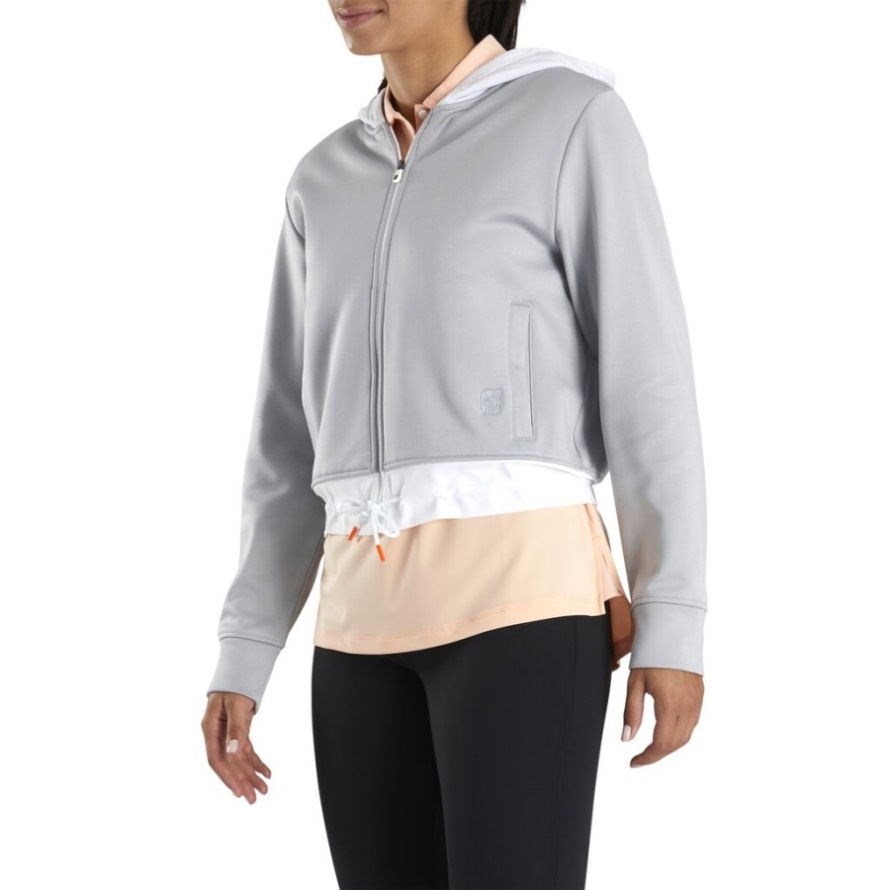 Cropped Fleece Hoodie Women-Previous Season Style Footjoy CA Heather Grey-White Woven Trim
